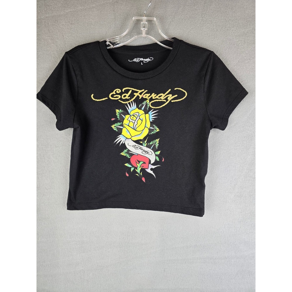 Ed Hardy T-Shirt Womens Large Black Rose Tattoo Graphic Crop Top EHW1104 Y2K